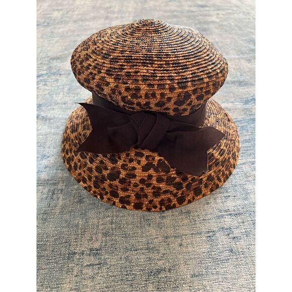 Eric Javits Tan and Brown Leopard Animal Print Straw Hat With Ribbon Bow - Picture 6 of 9